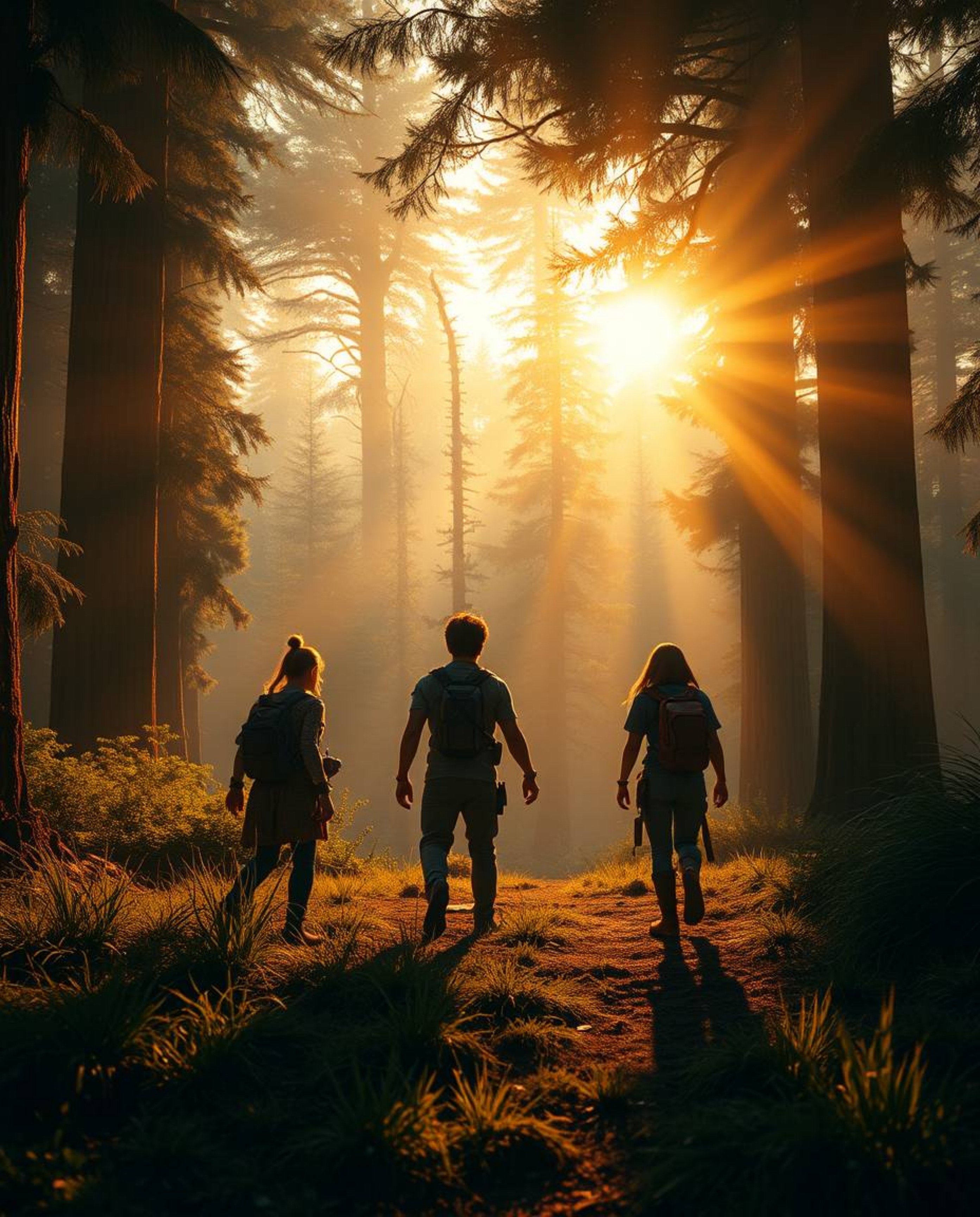 A captivating scene unfolds in the warm glow of golden hour, showcasing a group of friends, each possessing unique abilities,