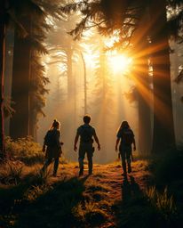 A captivating scene unfolds in the warm glow of golden hour, showcasing a group of friends, each possessing unique abilities,