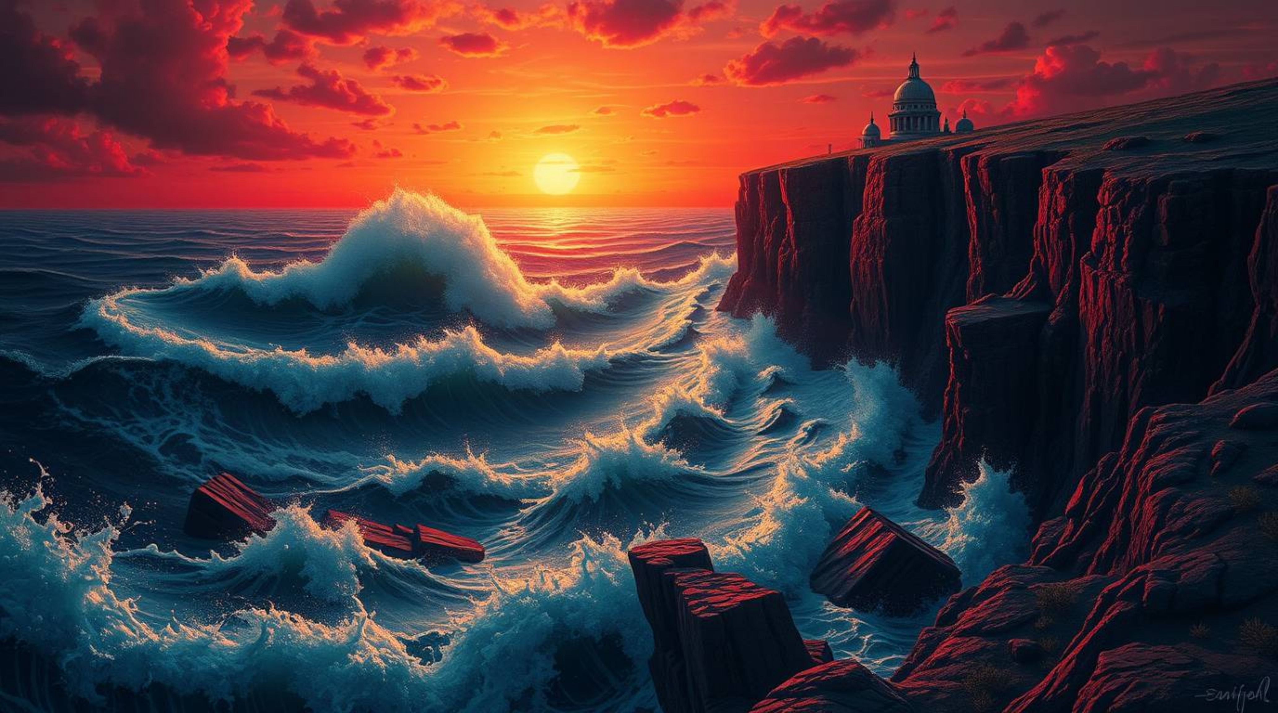 Immerse yourself in a dreamlike world of surreal imagery, where rich burgundy and deep blue hues dominate the landscape. Witn