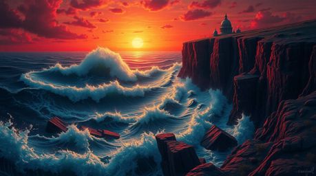 Immerse yourself in a dreamlike world of surreal imagery, where rich burgundy and deep blue hues dominate the landscape. Witn