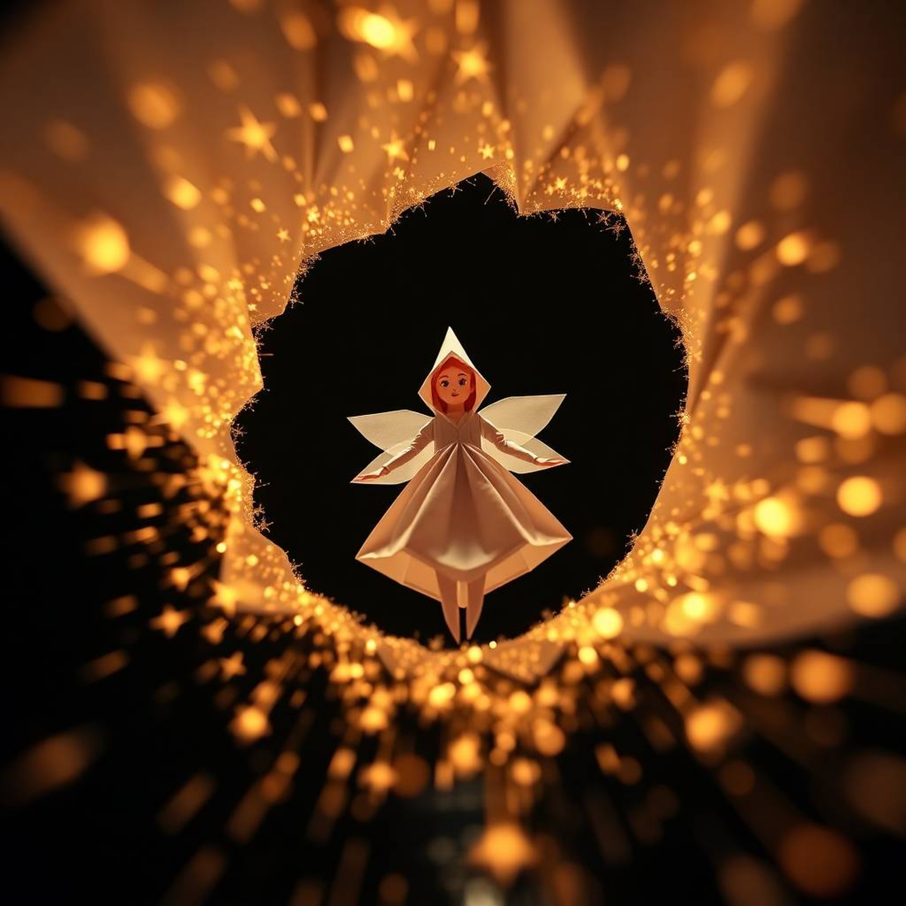 Witness a whimsical scene of an origami fairy godmother magically emerging from a precise swirl of sparkling folded paper. Th