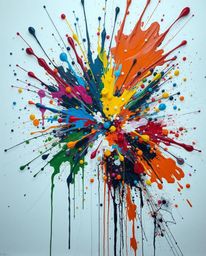 This dynamic and moody abstract painting captures a vibrant explosion of colorful paint splashes across a pristine white canv