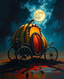 A dramatic acrylic painting depicting a magical pumpkin transforming into a carriage.  Rendered in a bold style with high con