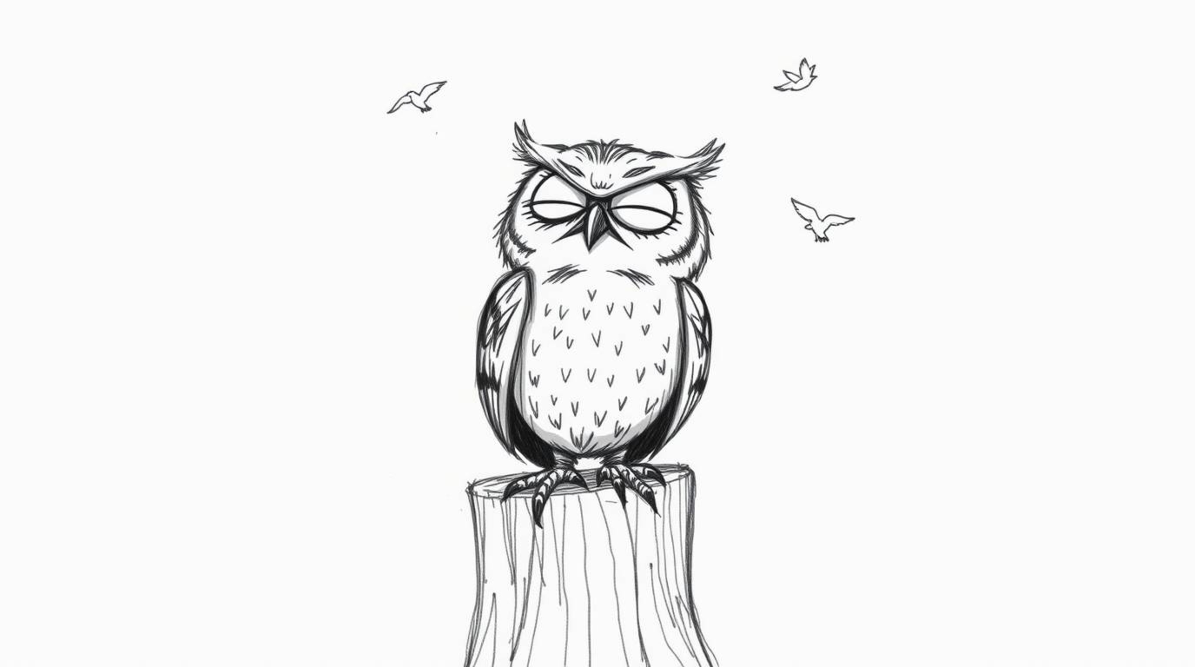 This hand-drawn sketch, reminiscent of Pixar's style, portrays a blind owl with deeply expressive wrinkles, perched joyfully 