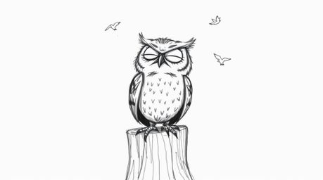 This hand-drawn sketch, reminiscent of Pixar's style, portrays a blind owl with deeply expressive wrinkles, perched joyfully 