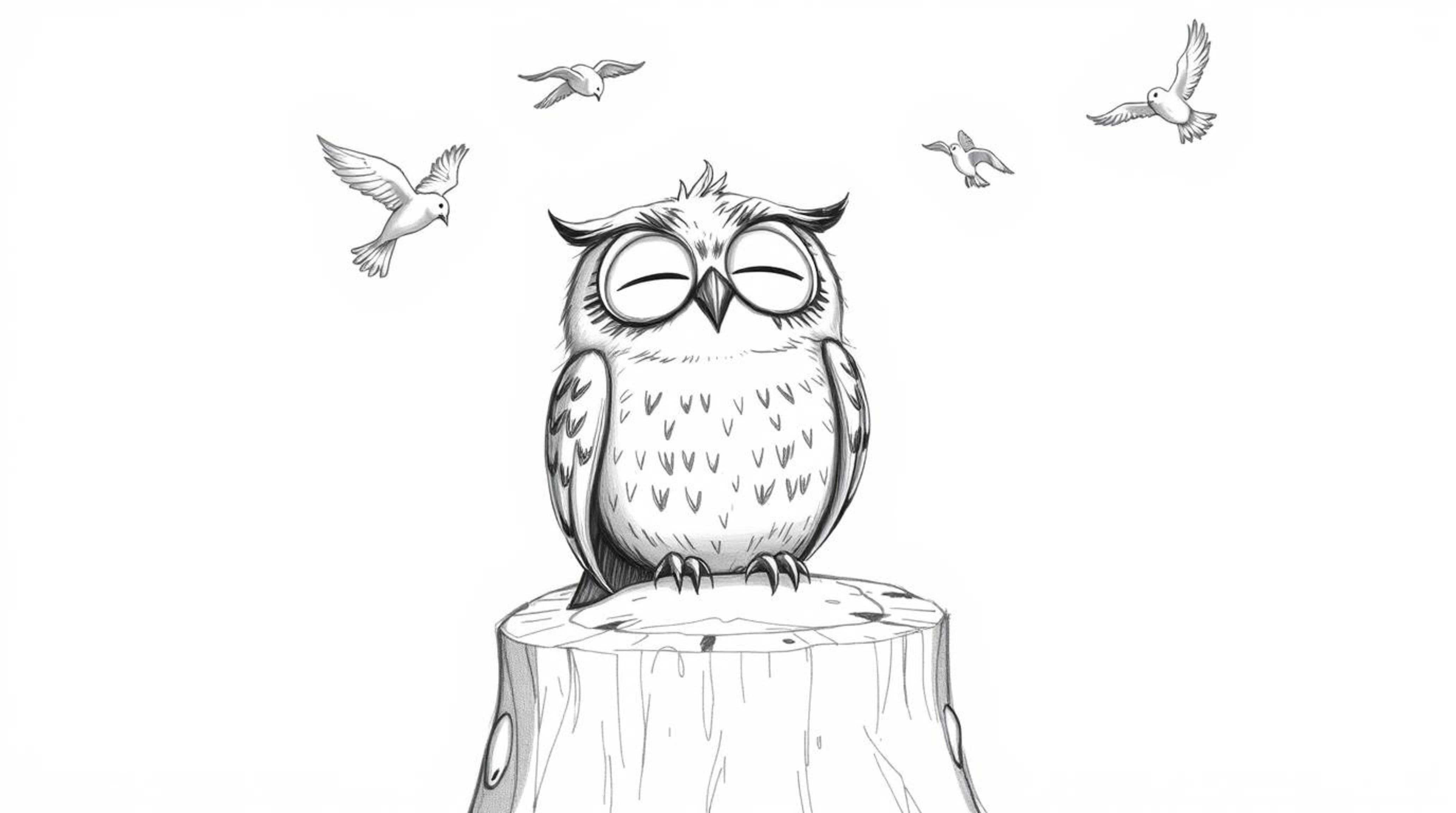 A charming Pixar-style hand-drawn sketch depicts a blind owl with a joyful expression perched on a tree stump against a clean