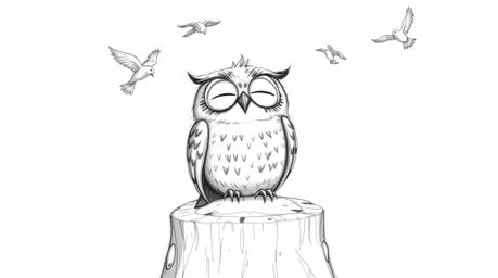 A charming Pixar-style hand-drawn sketch depicts a blind owl with a joyful expression perched on a tree stump against a clean