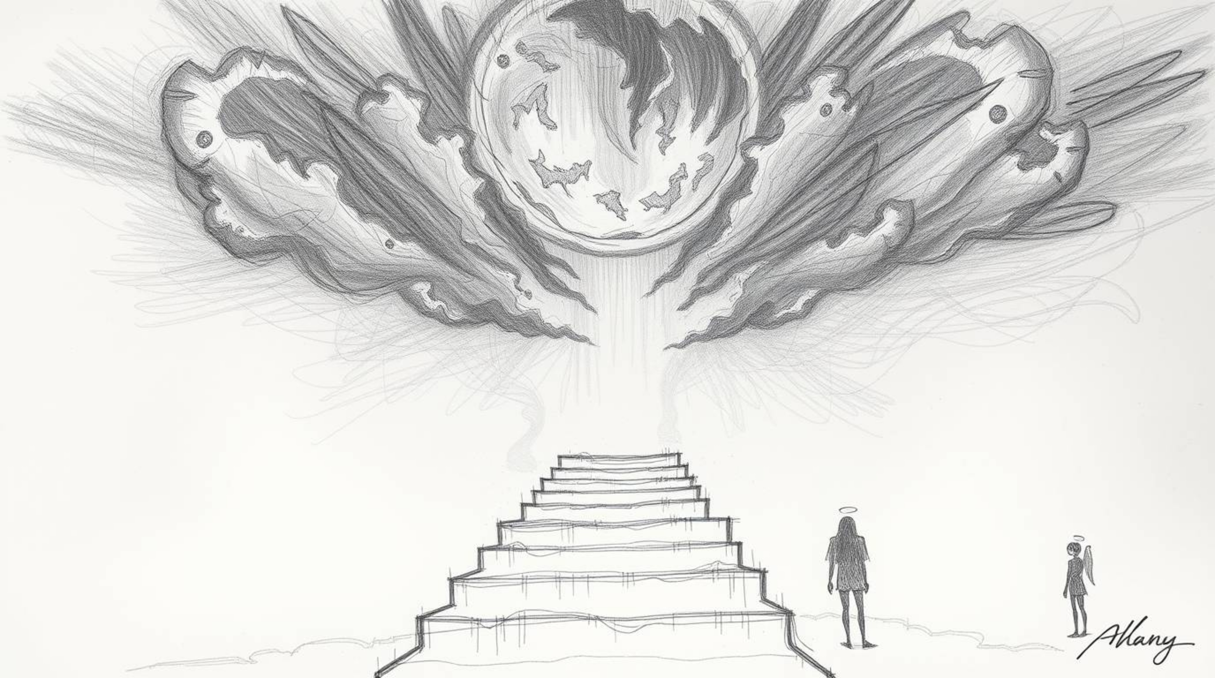 A hand-drawn sketch depicting eerie and luminous steps ascending into a cloudy sky, rendered in dark tones with rough pencil 