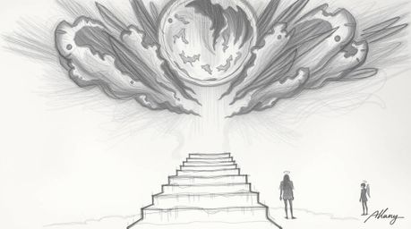 A hand-drawn sketch depicting eerie and luminous steps ascending into a cloudy sky, rendered in dark tones with rough pencil 