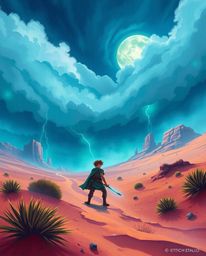 Embark on a thrilling Disney-style desert adventure with a brave hero facing intense dramatic weather.  Experience high tensi