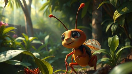 Explore a captivating scene of a bug-sized hero venturing through a lush backyard jungle, rendered in the style of a classic 