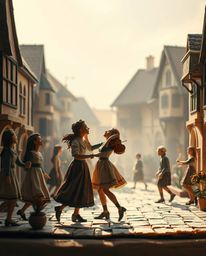 A vibrant musical number unfolds in a bright town square, meticulously crafted from layered papier-mâché, creating a visually