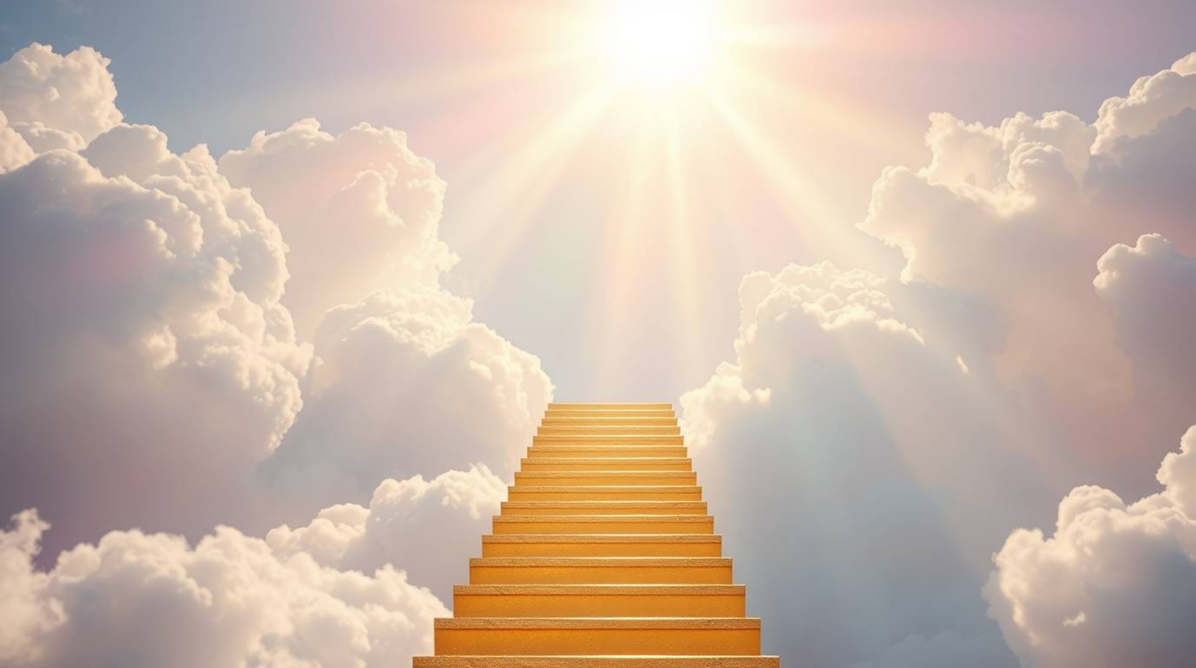 A breathtaking scene unfolds with a golden staircase ascending through clouds into a radiant heaven, as sunlight pierces the 