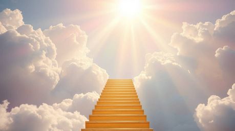 A breathtaking scene unfolds with a golden staircase ascending through clouds into a radiant heaven, as sunlight pierces the 