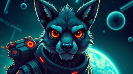 Imagine a sarcastic animal sidekick with incredibly expressive eyes, brought to life in a rich, deep teal hue within a futuri