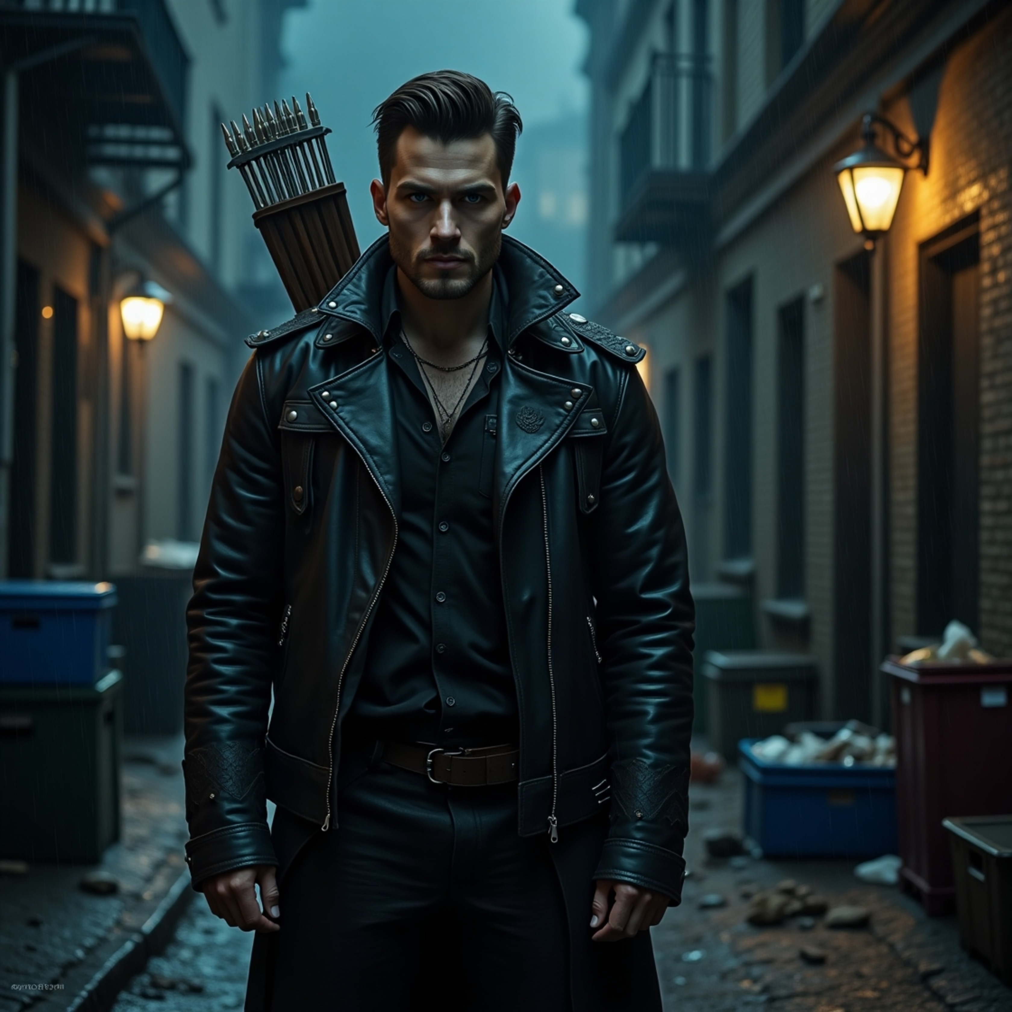 In a rain-soaked, dimly lit alleyway, a brooding vampire hunter stands ready. Clad in a worn, black leather jacket studded wi