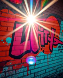 A vibrant street art piece featuring a captivating blend of warm terracotta and cool teal graffiti splashes against a texture