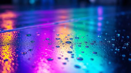 This artwork captures a cool-toned, wet, and rainy scene featuring a mesmerizing iridescent gradient texture applied to a ref