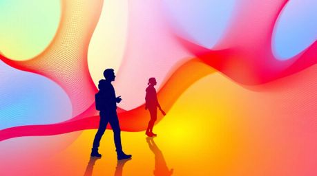 This modern abstract poster design utilizes a vibrant gradient mesh pattern to create a striking visual. Silhouetted figures 