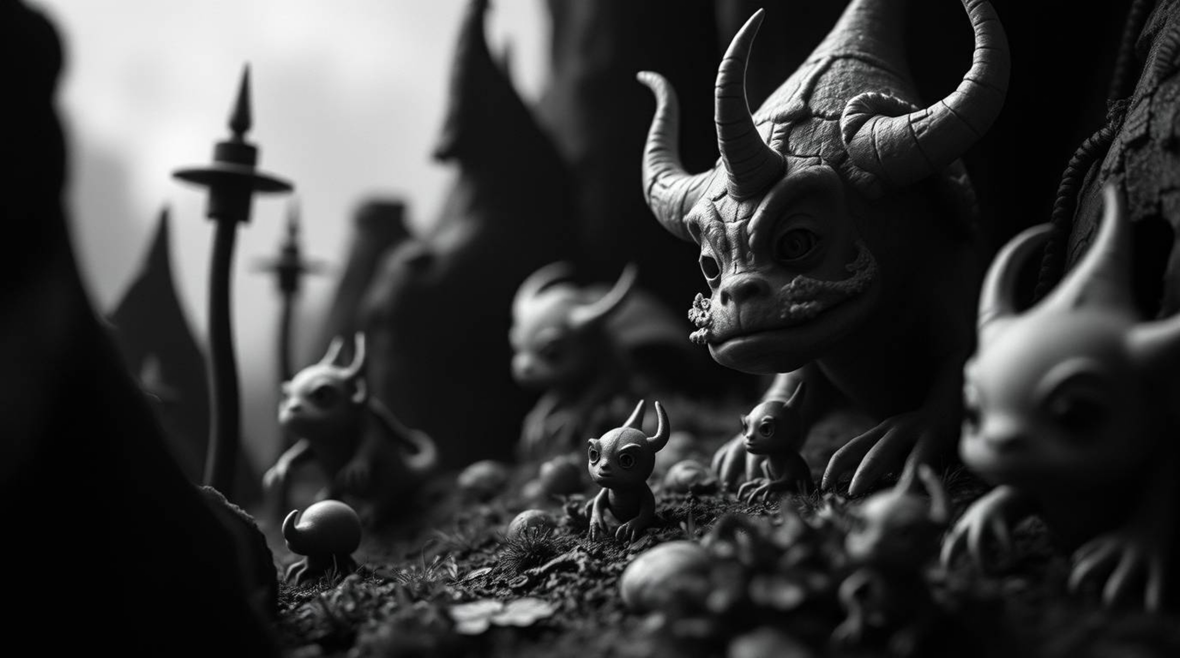 Explore a fantasy kingdom through the lens of extreme macro photography, revealing a moody and low contrast scene filled with