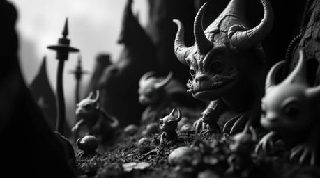 Explore a fantasy kingdom through the lens of extreme macro photography, revealing a moody and low contrast scene filled with