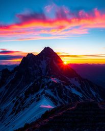 Experience a high-alpine peak sunset bursting with electric, vivid colors. This artwork is defined by its bold and saturated 