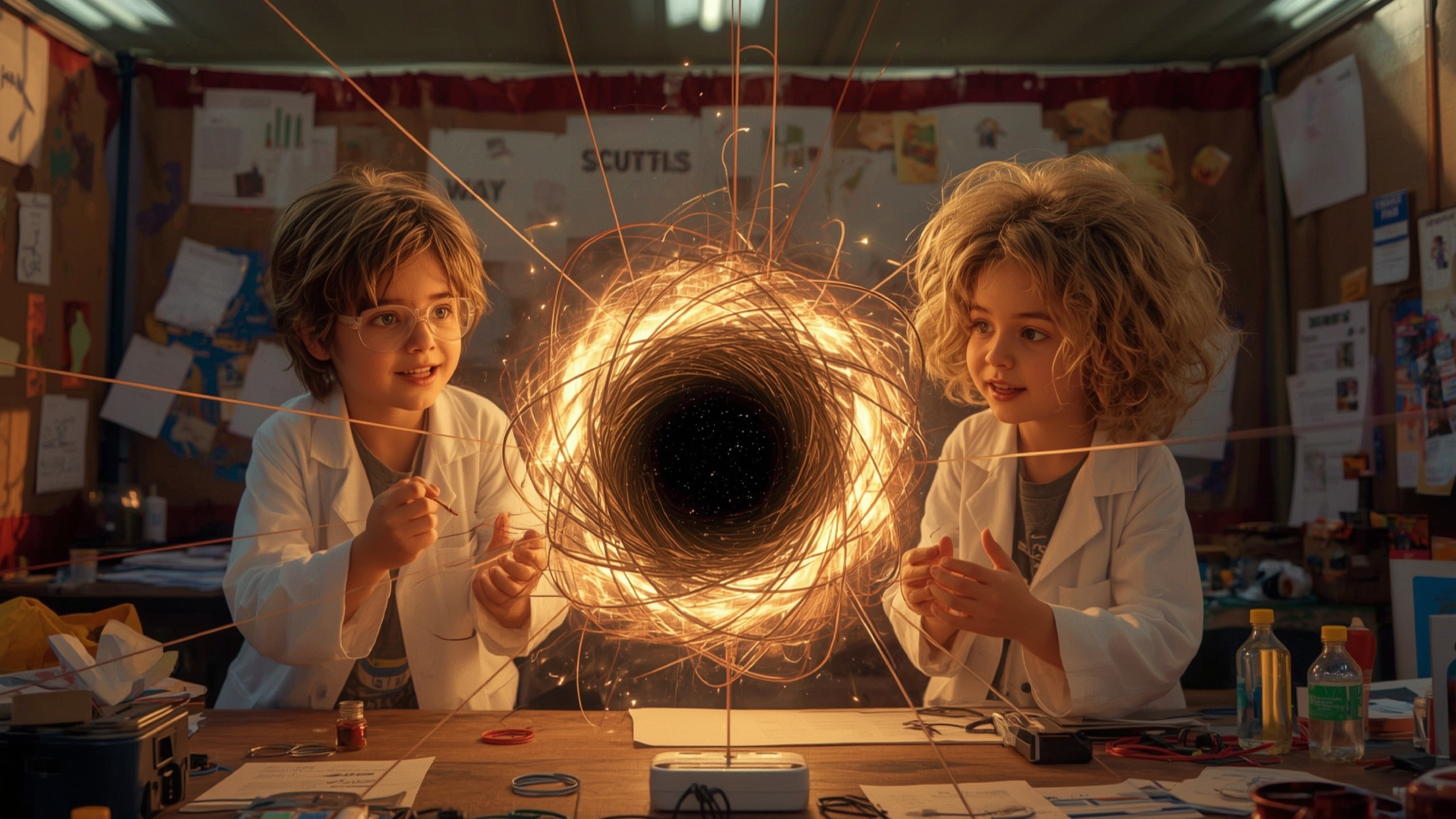 In a vibrant, cinematic photograph with a fantastical, Pixar-inspired style, two enthusiastic science fair students, a boy an