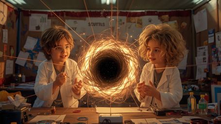 In a vibrant, cinematic photograph with a fantastical, Pixar-inspired style, two enthusiastic science fair students, a boy an