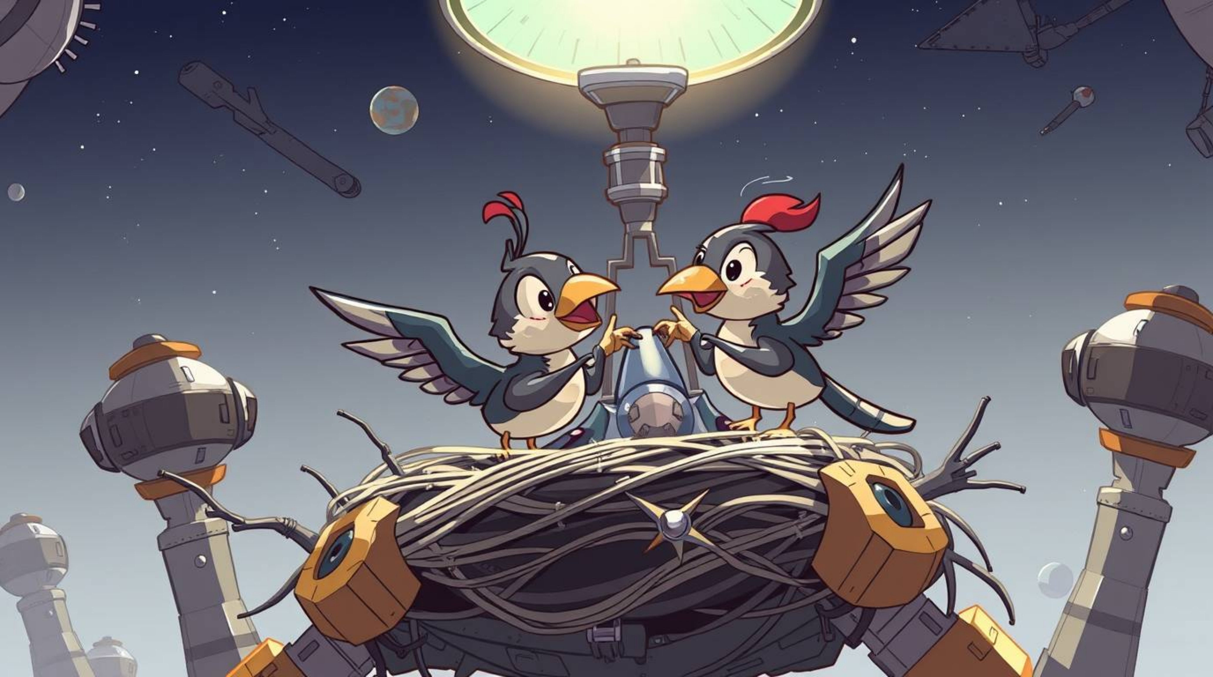 A captivating futuristic sci-fi illustration showcases two charming cartoon birds constructing a nest. Rendered in a classic
