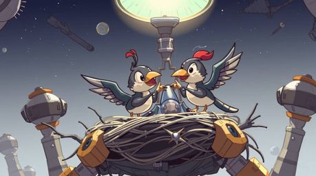 A captivating futuristic sci-fi illustration showcases two charming cartoon birds constructing a nest. Rendered in a classic