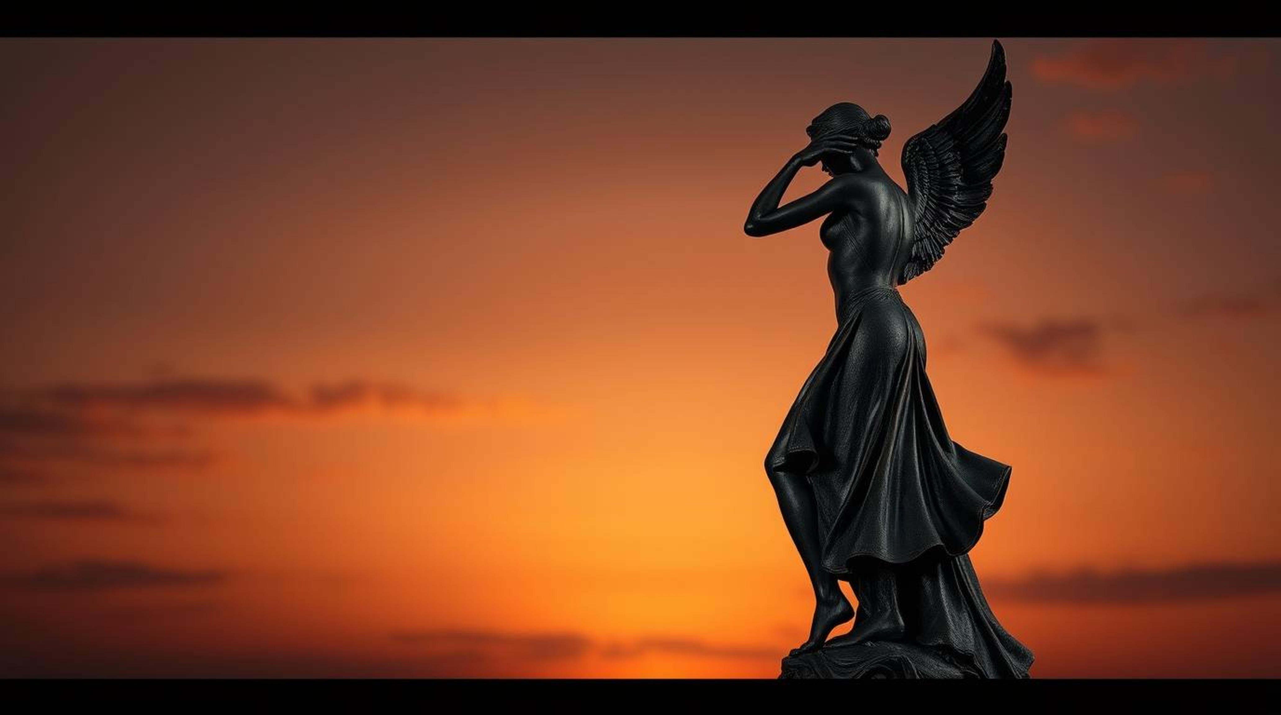 This dramatic, cinematic cast bronze sculpture features a captivating sunset gradient texture and a soft, dreamy patina, remi