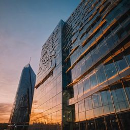 This striking modern glass building features a unique angular design that beautifully reflects the vibrant hues of the sunset