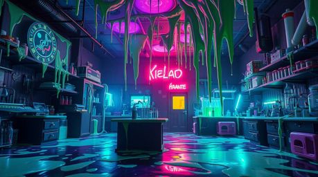 Immerse yourself in a dreamlike, surreal science lab covered in slime, brought to life with creative light art and cinematic 
