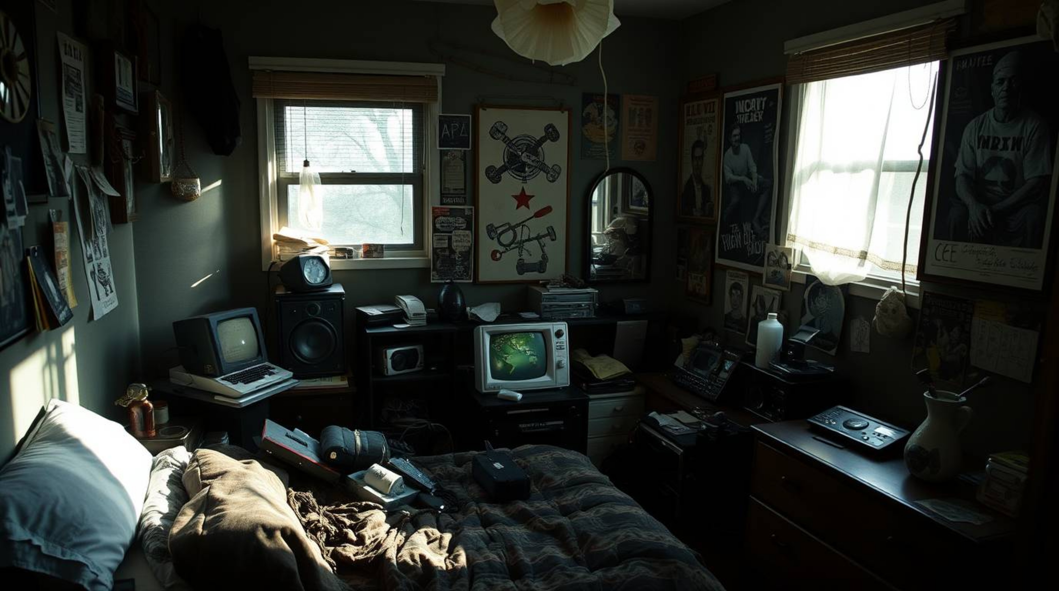 A captivating image of a messy bedroom, filled with strange gadgets and posters.  Intense jet black contrasts with deep shado