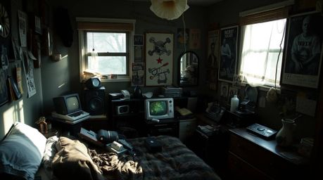 A captivating image of a messy bedroom, filled with strange gadgets and posters.  Intense jet black contrasts with deep shado