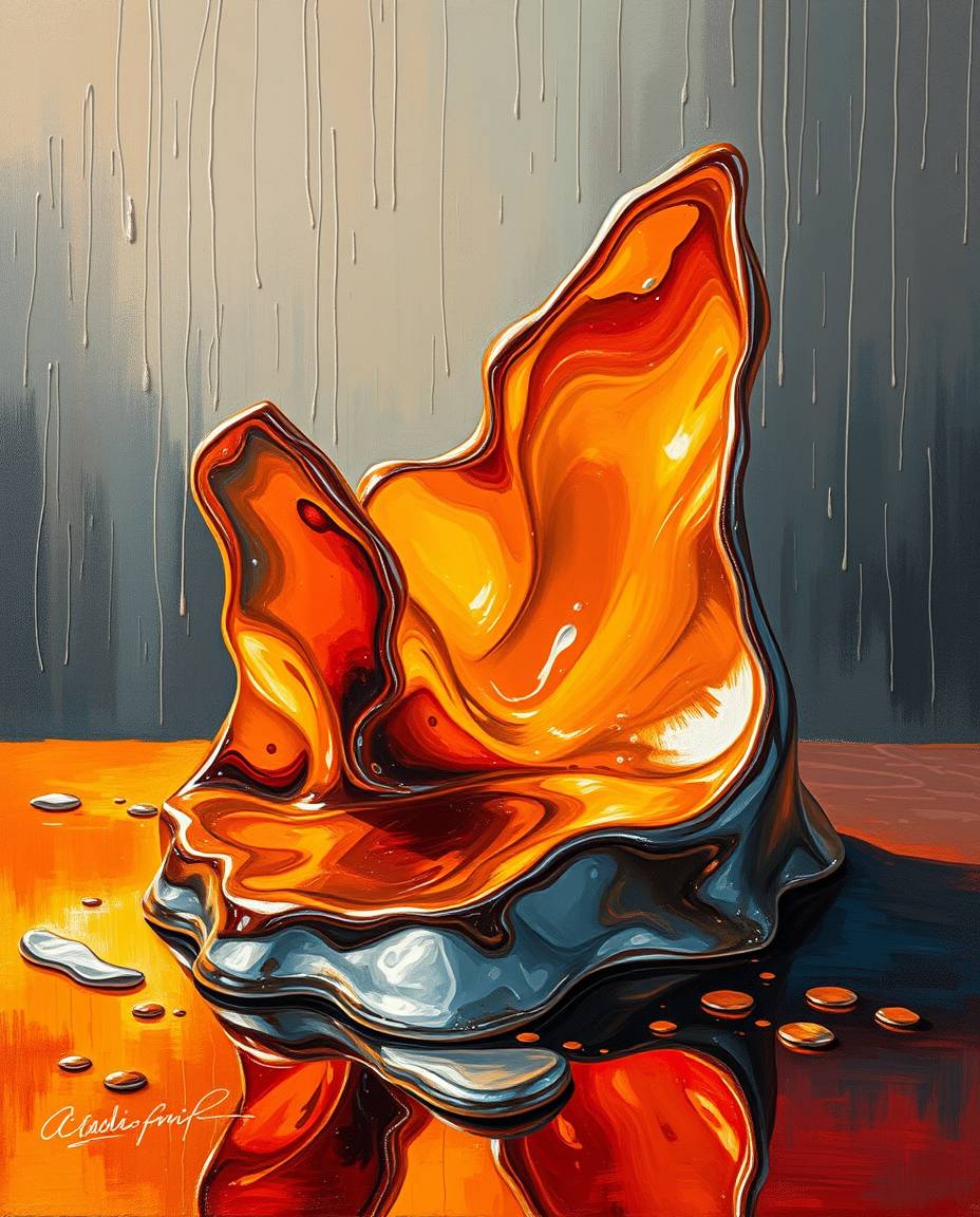 This bold acrylic painting captures the mesmerizing beauty of sculptural 3D fluid shapes reminiscent of mercury. The reflecti