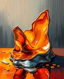 This bold acrylic painting captures the mesmerizing beauty of sculptural 3D fluid shapes reminiscent of mercury. The reflecti