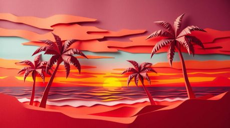 A stunning, intricately crafted origami scene depicts a vibrant tropical beach sunset.  Swaying palm trees, rendered in folde