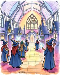 This artwork depicts a magical school brimming with young wizards, rendered in a charming, hand-drawn colored sketchnote styl