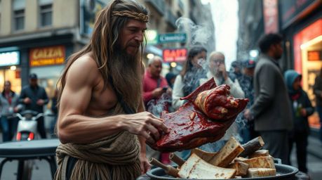 This candid street photography captures a surreal scene of a caveman cooking mammoth meat within a modern urban environment, 