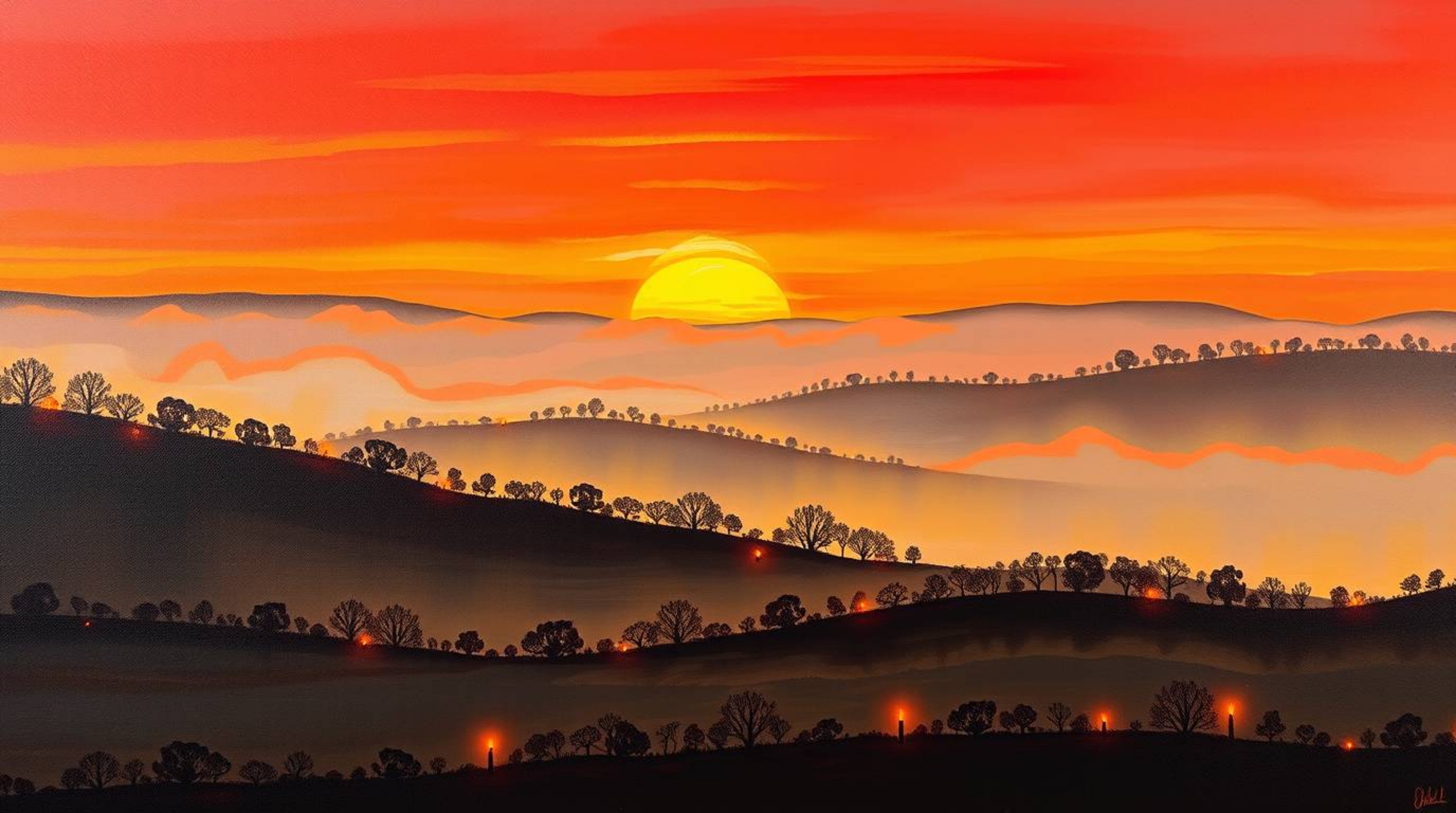 Experience the serene beauty of a fog-covered landscape at sunset, bathed in the warm, flickering glow of candlelight.  This 
