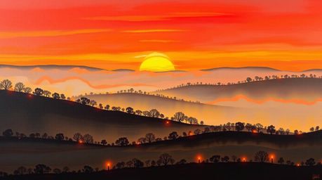 Experience the serene beauty of a fog-covered landscape at sunset, bathed in the warm, flickering glow of candlelight.  This 