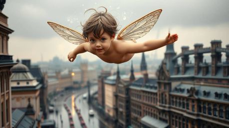 A young boy with fair skin and tousled brown hair soars above a rain-soaked London cityscape bathed in bronze light, surround