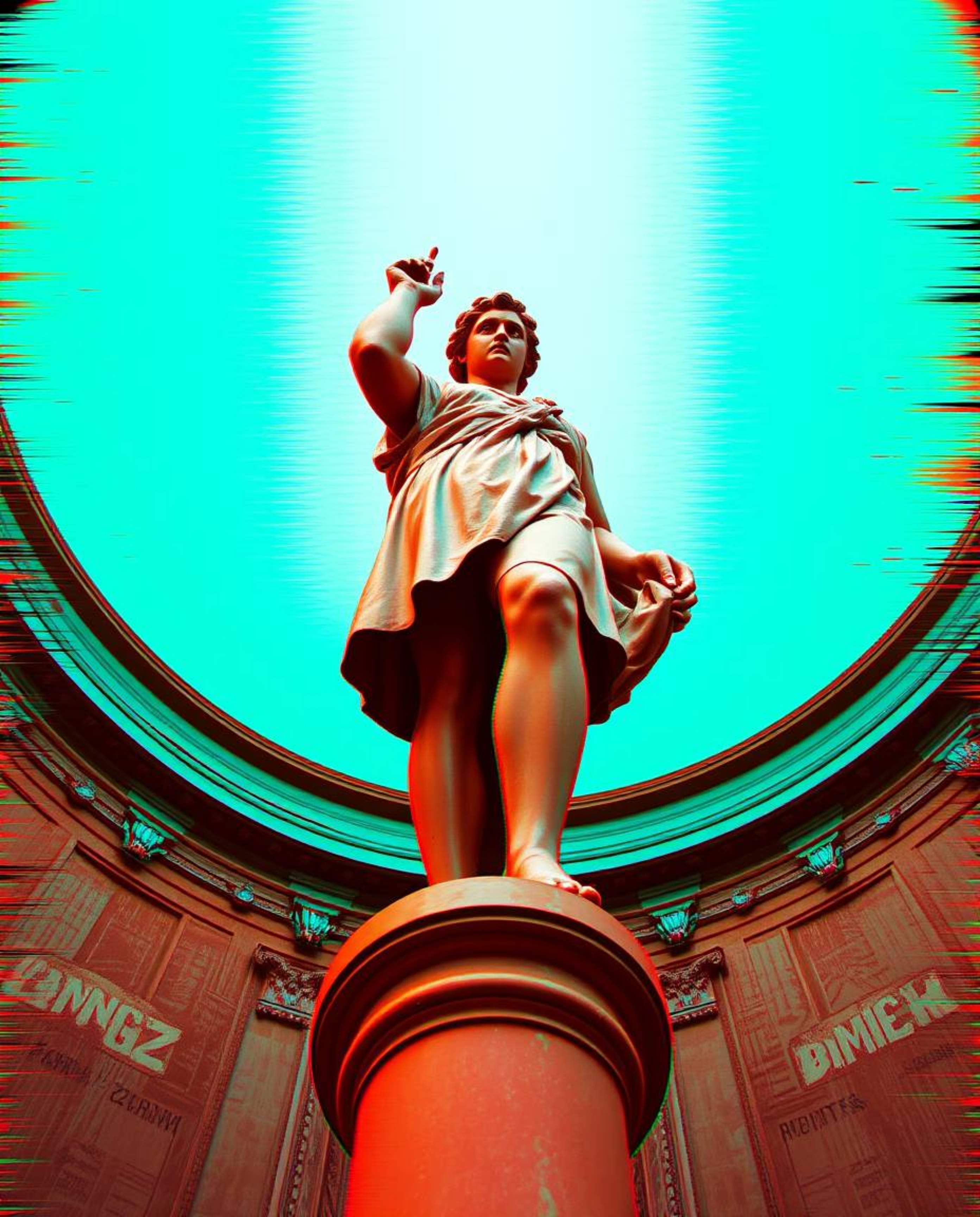 Explore a captivating high-angle perspective of a classical sculpture reimagined with a vibrant glitch effect, embodying a di