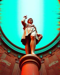 Explore a captivating high-angle perspective of a classical sculpture reimagined with a vibrant glitch effect, embodying a di