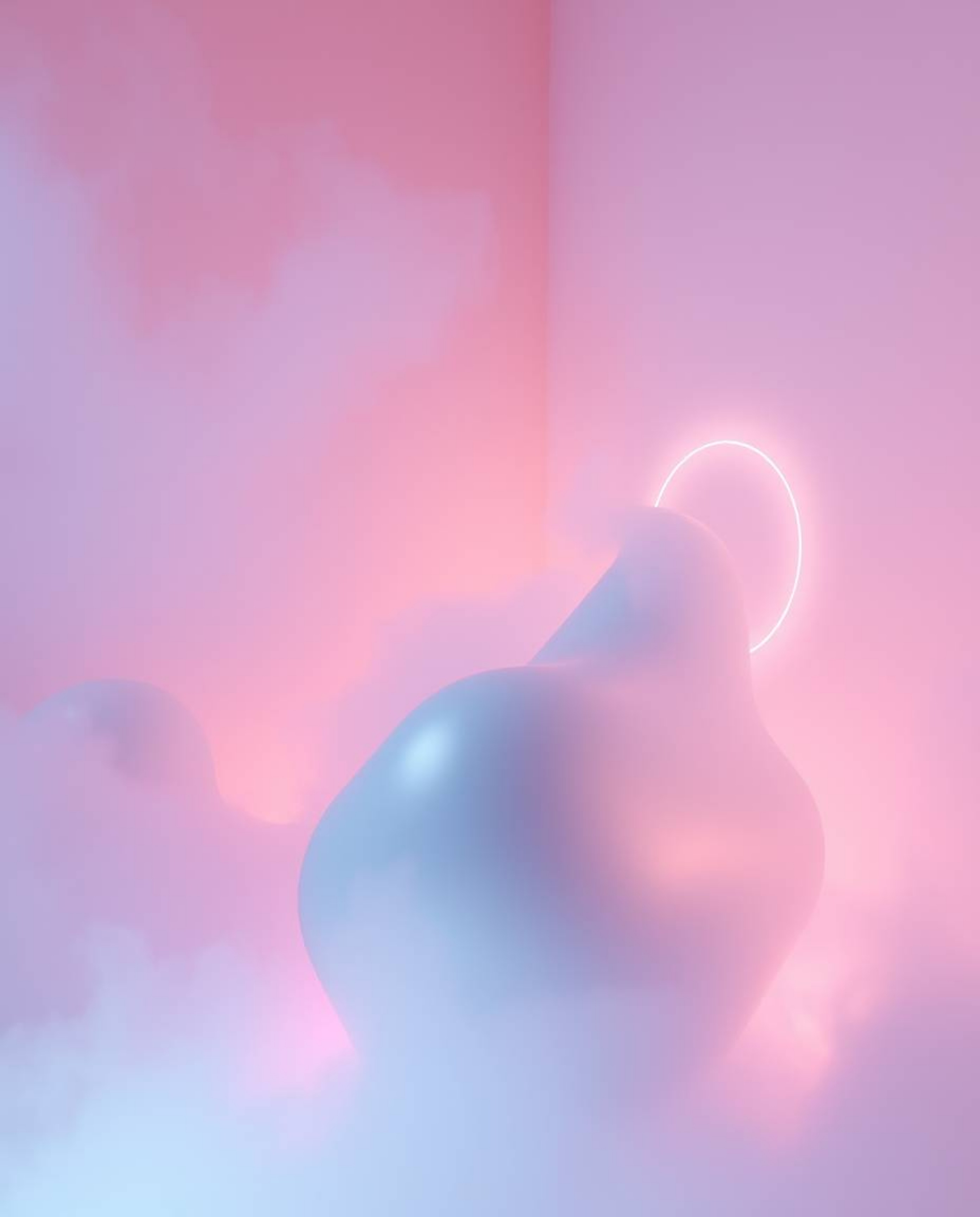 Immerse yourself in a soft, atmospheric world where thick fog embraces futuristic 3D fluid shapes with captivating glowing ed
