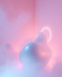 Immerse yourself in a soft, atmospheric world where thick fog embraces futuristic 3D fluid shapes with captivating glowing ed