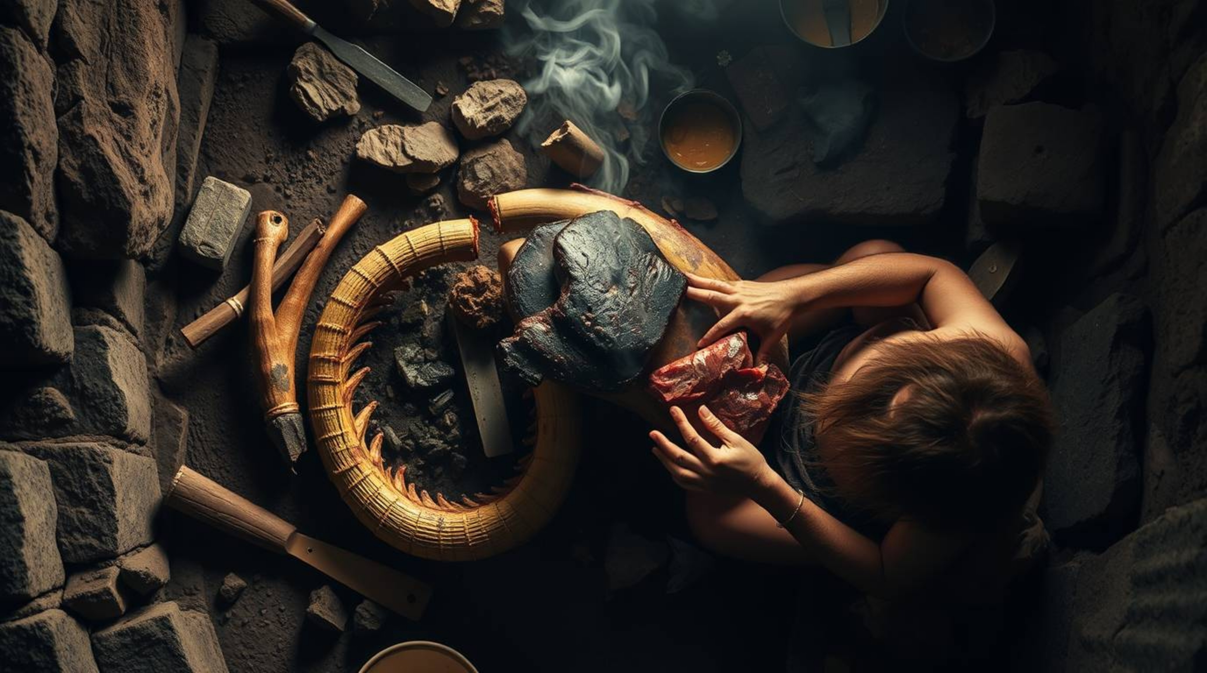 Experience a captivating overhead view of a caveman expertly preparing mammoth meat using ancient cooking techniques. The ima