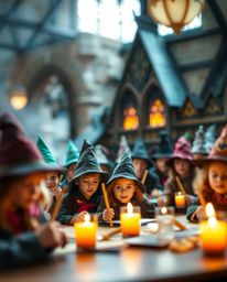 Discover a captivating image of a magical school brimming with young wizards, beautifully rendered with a blurred bokeh effec