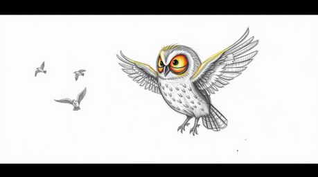 A heartwarming hand-drawn sketch in Pixar style depicts a blind owl with sunlit, glowing feathers gently guiding birds in the